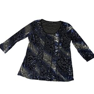 Only Nine Petite Blue Black Burnout Velvet Damask Top Y2K 3/4 Sleeve Scoop Neck‎